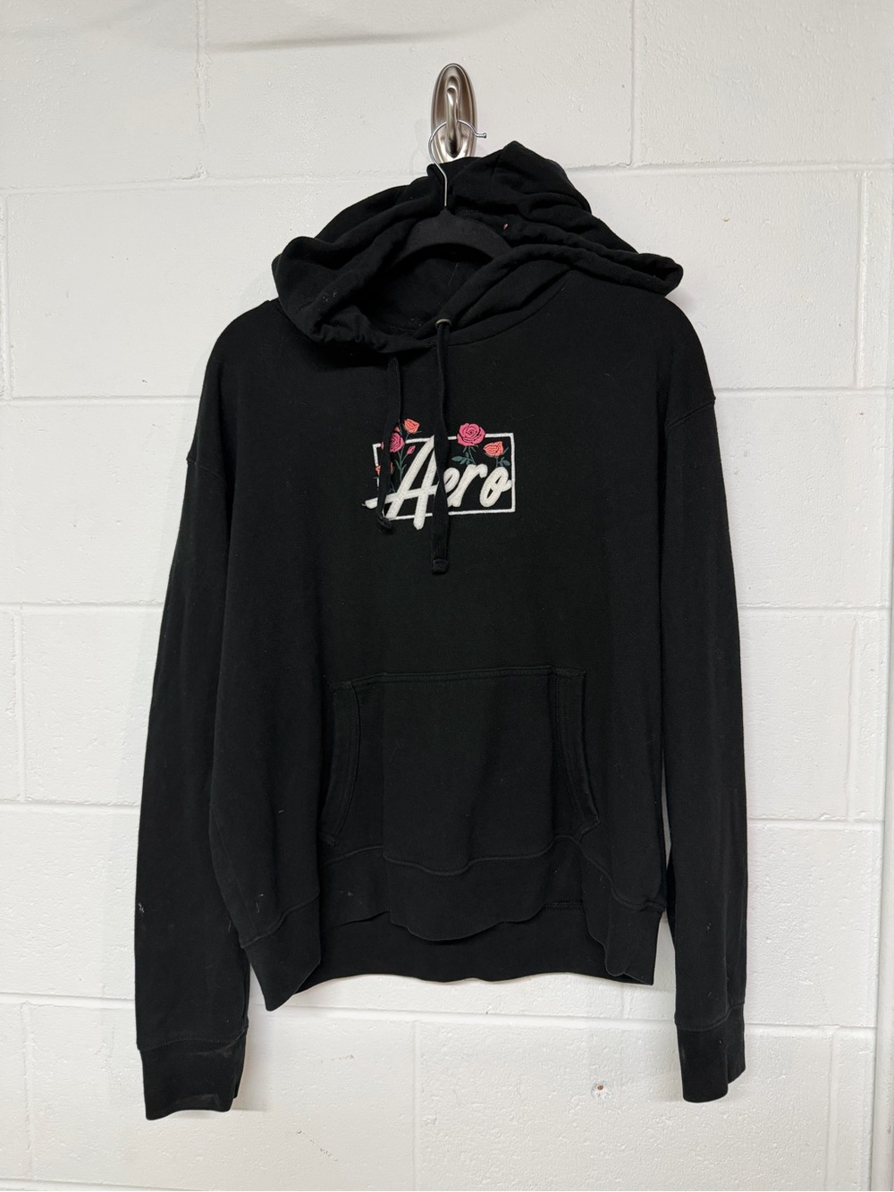 Aeropostale Black Hoodie Print with Pink Rose Accents